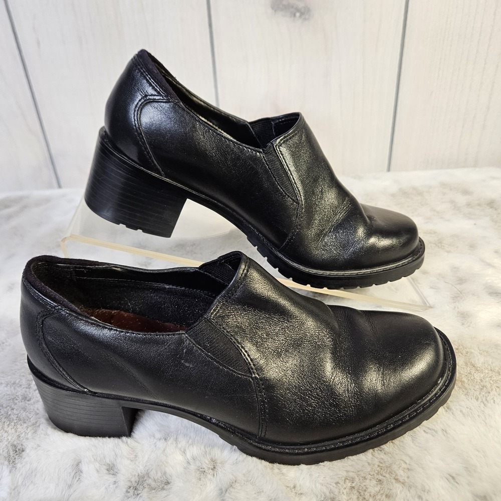 Sporto Black Leather Block Heel Lug Sole Slip On Loafer Shoes 6M 90s Grunge Goth